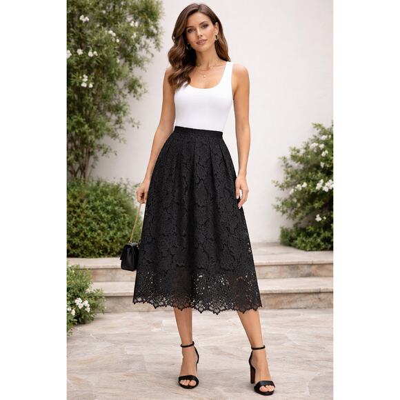 Garnet Hill Dresses & Skirts - Garnet Hill Scalloped Lace Midi Skirt Womens Size 6 Pleated Black Whimsigoth